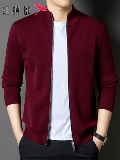 Red Dragonfly Wool Sweater Men's Autumn and Winter New Style Stand-Up Collar Sweater Trendy Red Cardigan Knitted Jacket for Men