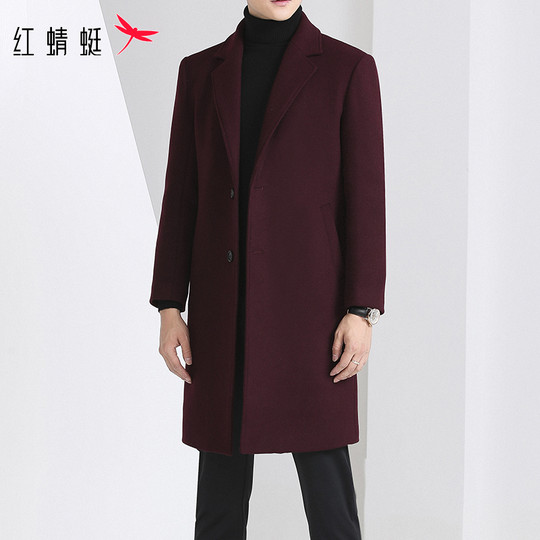 Red Dragonfly Woolen Coat for Men, New Trendy Woolen Outerwear for Spring and Autumn, Casual Mid-Length Trench Coat for Men