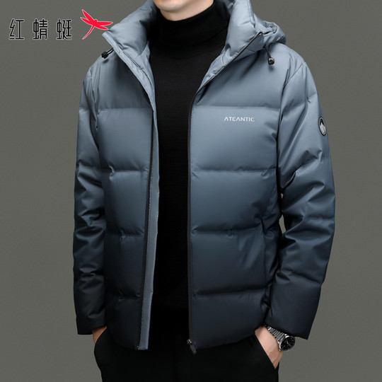 Red Dragonfly Gradient Color down Jacket Men's 2025 Winter New Style Hooded Casual Thickened Warm Coat Men's Trendy
