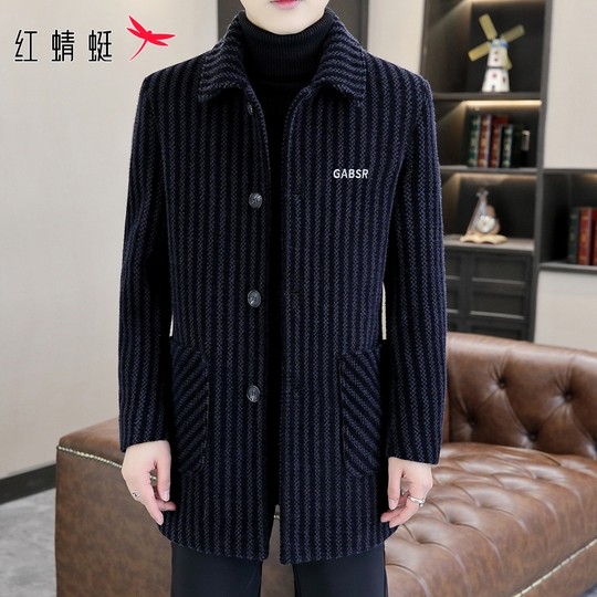 红蜻蜓中长款毛呢羽绒服男士冬季新款休闲条纹大衣加绒风衣外套男