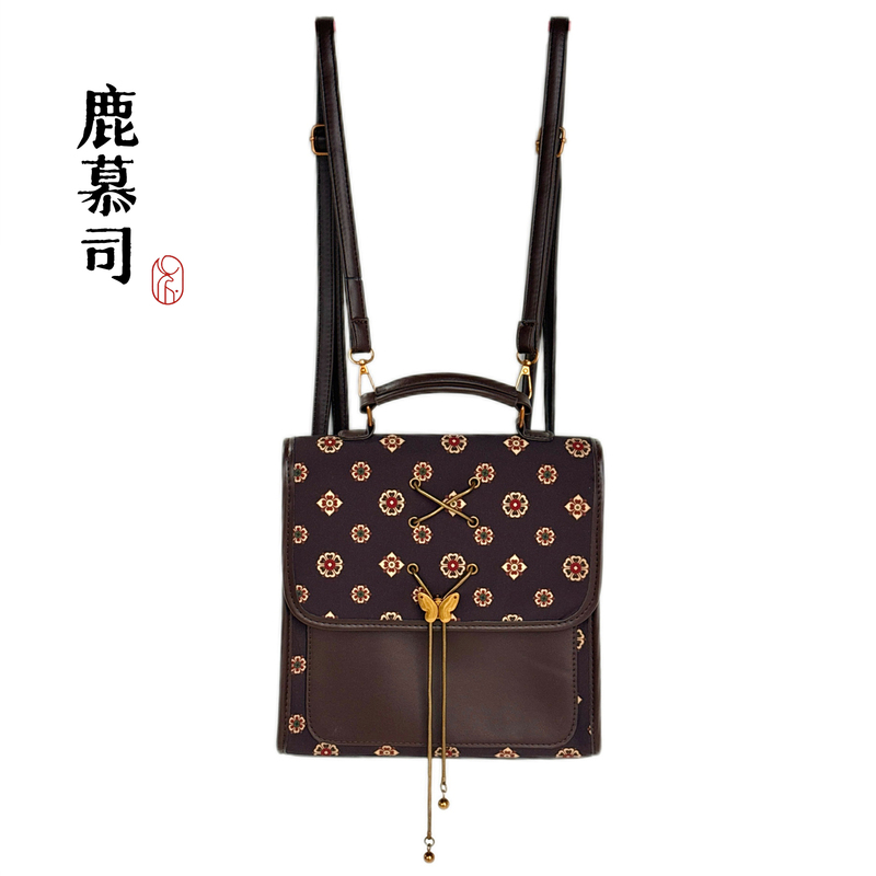 Lumu's New Chinese-Style Retro Floral Pattern Backpack, Crossbody Bag, Women's Handbag, Commuter Leather Pu Bag