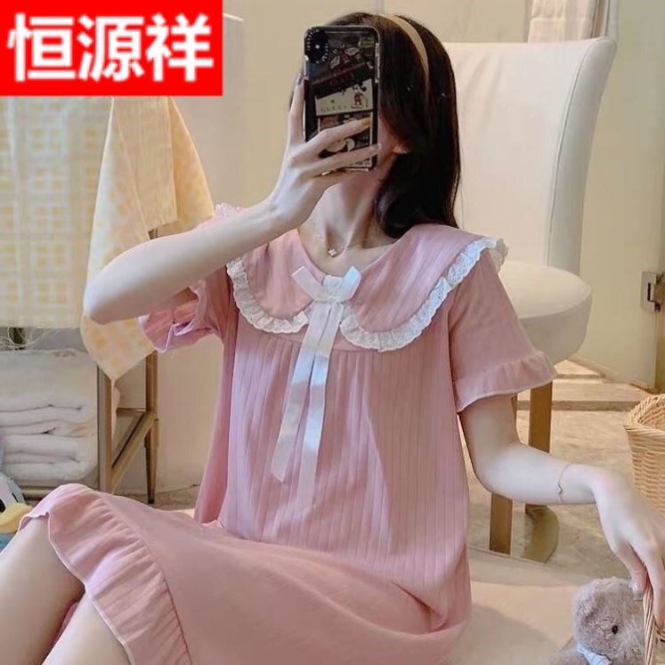 Hengyuanxiang nightdress women loose large size sweet doll collar princess style short-sleeved long version of student home clothes to sleep outside