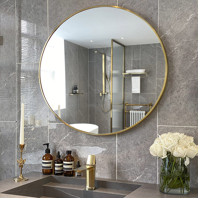 Ultra-white glass brass gold Nordic bathroom mirror bathroom wall hanging anti-fog belt lamp stainless steel 