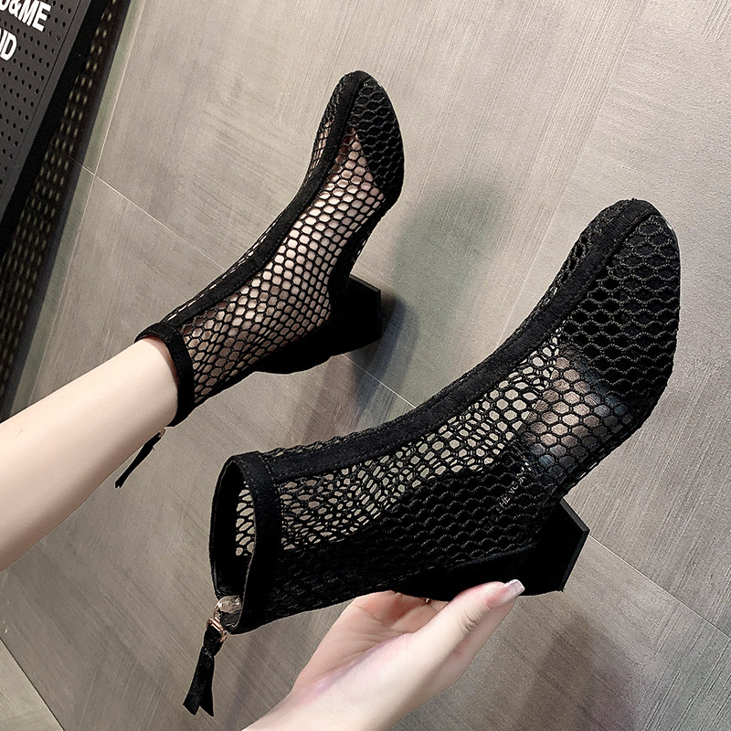 Net Face Hollowed-out Boots Woman 2022 New Summer Breathable Net Red Slim Boots Ankle Boots Black Coarse Heel Short Boots Cool Boots