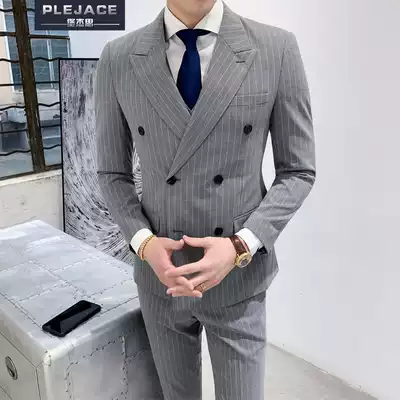 Classic striped double-breasted suit men's three-piece Korean slim casual refreshing spring and summer thin suit suit suit