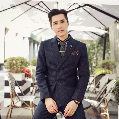 Double-breasted striped suit suit men's three-piece Korean slim-fit small suit men's suit jacket groom dress
