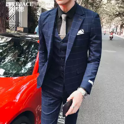 Plaid suit men's suit Korean slim casual small suit three-piece formal work clothes handsome trend single west