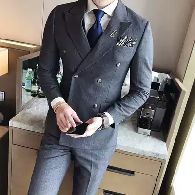 Spring and Autumn Double Breasted Casual Suit Set Men's Three Piece Striped British Style Slim Suit Men's Wedding Dress