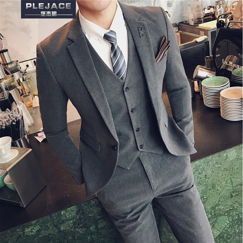 Suit suit men's three-piece suit Korean version slim formal work suit Groom wedding dress Male stretch suit tide