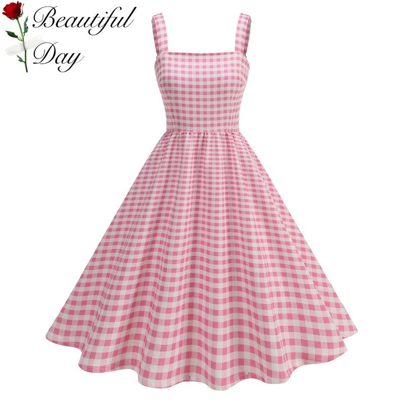 Hong Kong-Style Vintage Elegant Niche Retro 50S-Inspired Sweet Holiday Strap Plaid Performance Dress