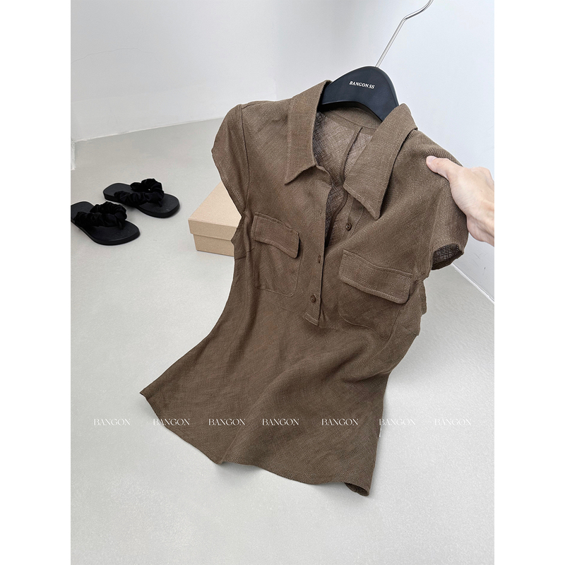 Bangon ins French Retro Workwear Style Polo Shirt Breathable Linen Texture Slim Fit Sleeveless Vest Shirt