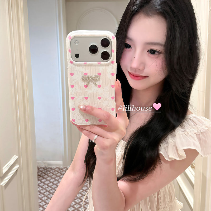 Korean Style ins Sweet Girl Lace Heart Rhinestone Bow 17 Suitable for 17Pro Apple 17Promax Phone Case iPhone 16 Full Coverage 15 New Model 14Pro Protective Case 13 High-End Feel