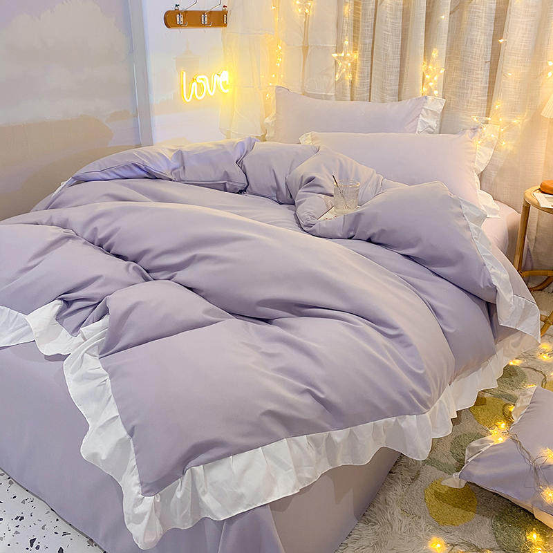 ins public main wind girl hearts pure color bed four pieces of student dorm room 4 three sets lace quilt cover bed linen quilt cover