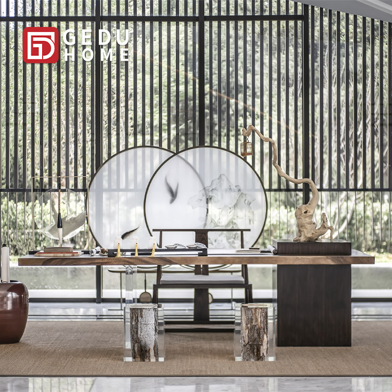 Modern New Chinese Walnut Wood Tea Table Large Board Wood Log Acrylic Feet Table Sample House Display Center Hotel Folk Furniture