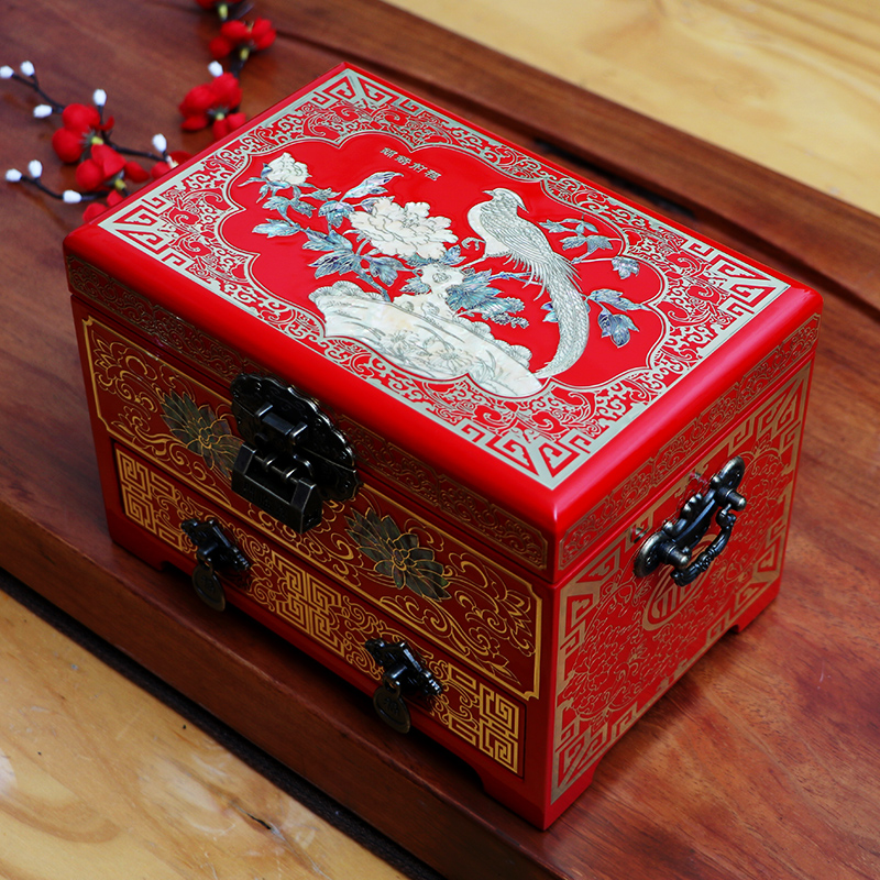 Flat Away Push Light Lacquerware Jewelry Jewelery Box Double with lock Chinese vintage Vintage Wedding Gift Dowry-Taobao