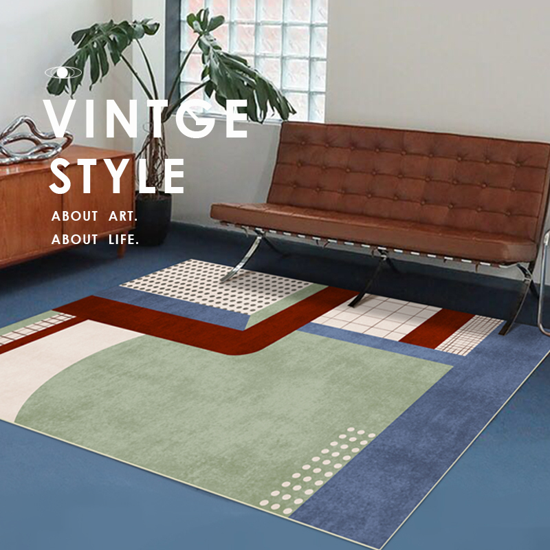 Chinese-Style Retro Carpet, Living Room Geometric Coffee Table Rug, Nordic Bedroom ins Style Bedside Green Art Stain-Resistant Floor Mat