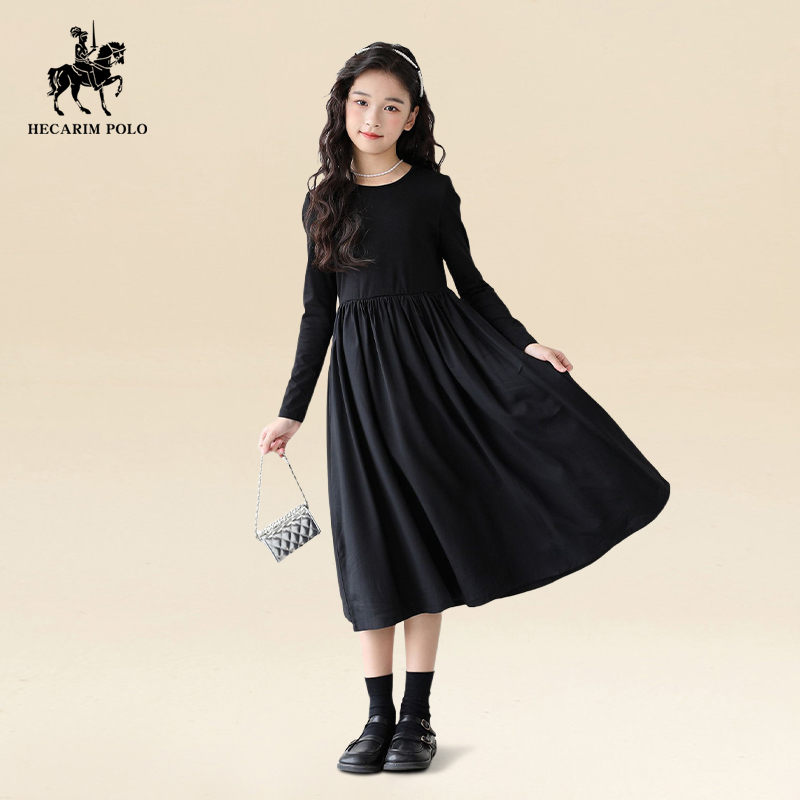 Hecklin Hepburn Style Girls' Dress, New Autumn Long-Sleeved Black Dress for Older Girls, Elegant Pure Cotton Princess Dress