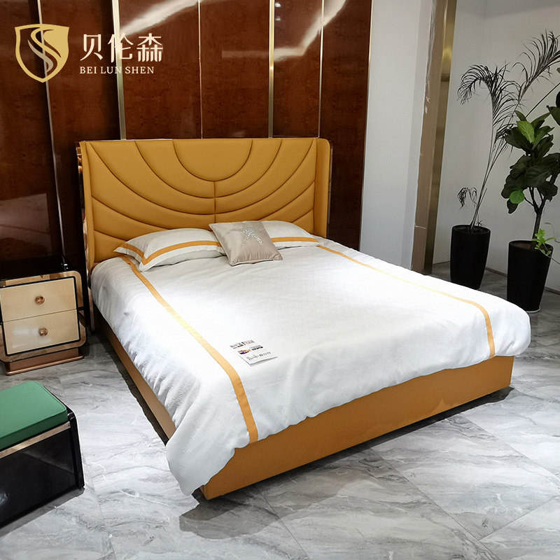 Postmodern light luxury Hermes leather orange bed villa bedroom luxury high-end Italian soft back bed furniture