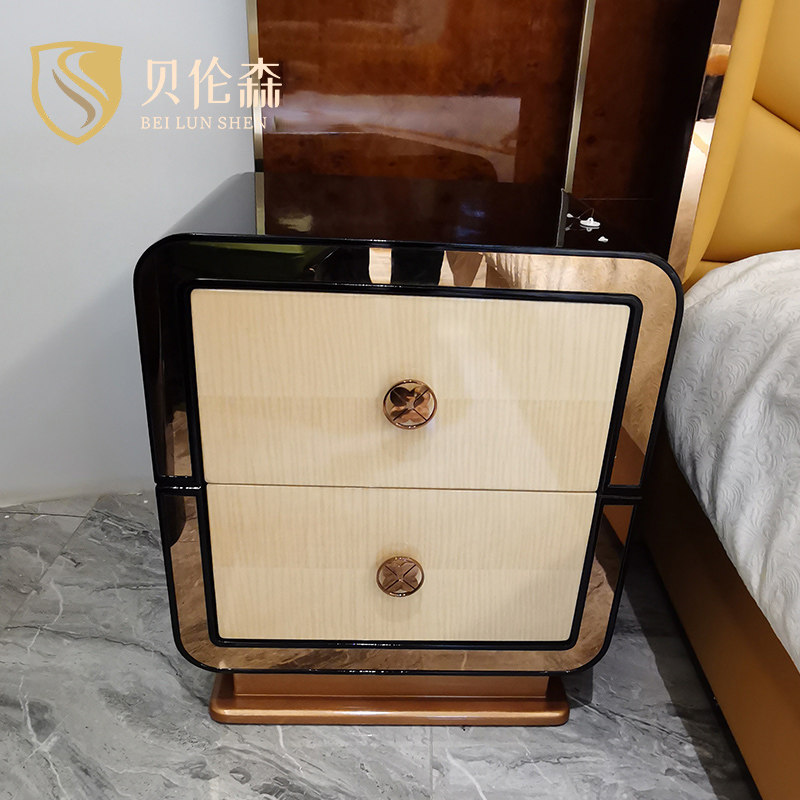 Postmodern light luxury stainless steel bedside table Hong Kong-style minimalist bedroom white shadow solid wood bedside cabinet storage cabinet furniture