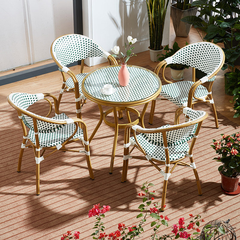Outdoor white rattan chair balcony courtyard rattan leisure dining chair combination outdoor coffee shop milk tea shop household tables and chairs