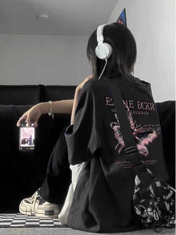 American-Style Plus-Size Fat mm Butterfly Print Pure Cotton Short-Sleeved T-Shirt for Men and Women Oversize Student Loose Couple Tops