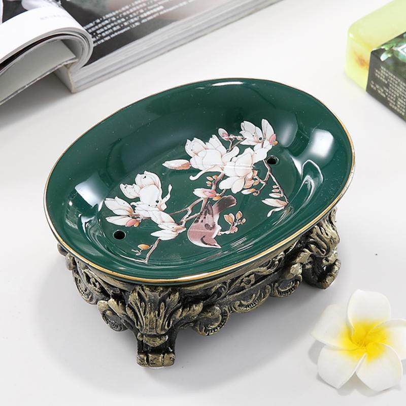 New Chinese ceramic Ssoap dish soap box Double-grid double disc drain Creative Soap Dish Soap Dish Soap Rack