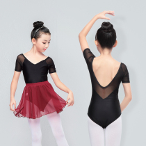 Childrens dance clothes girls black summer short-sleeved girls practice clothes mesh body suits Chinese dance one-piece clothing