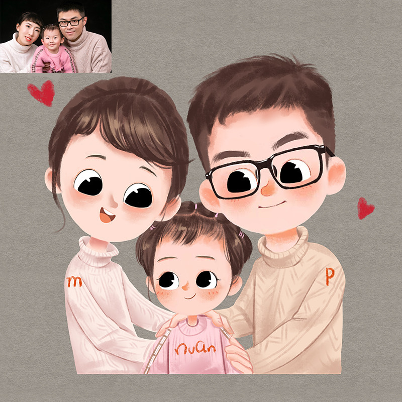Comic avatar hand-painted cartoon animation photo custom family of three design portrait q version picture couple illustration