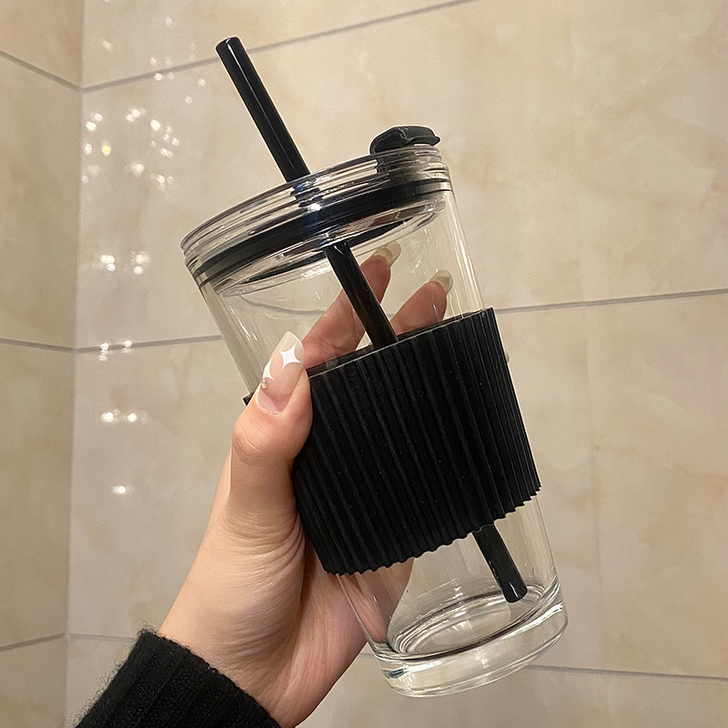Glass straw cup milk tea ins wind minimalist with lid portable office woman accompanying cold-extracted coffee water glass