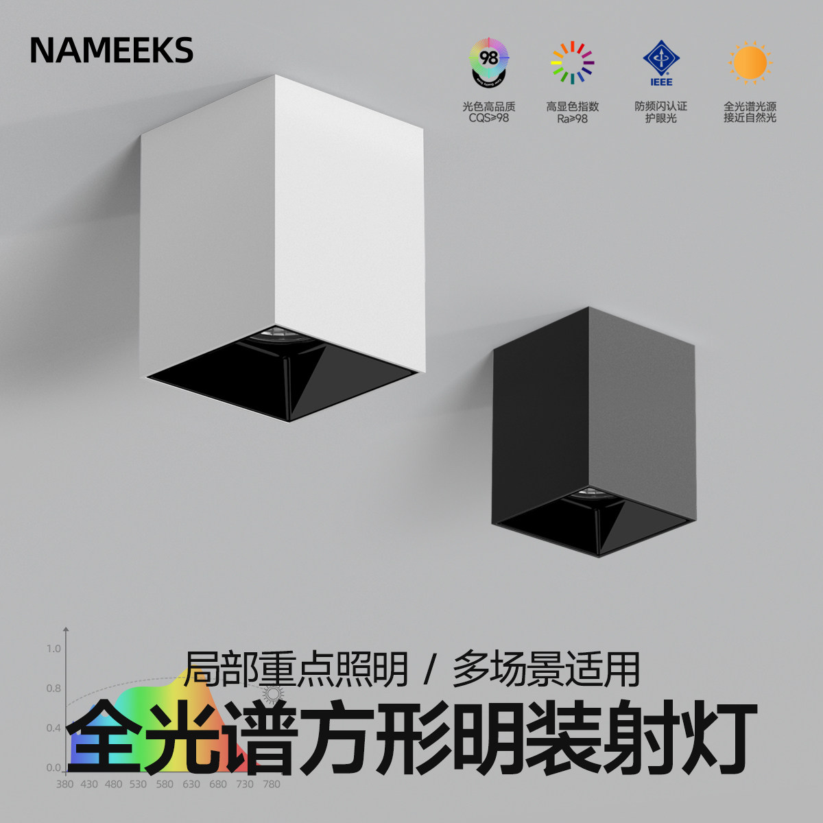 全光谱明装防眩光方形led射灯吸顶式cob无主灯客厅家用过道斗胆灯
