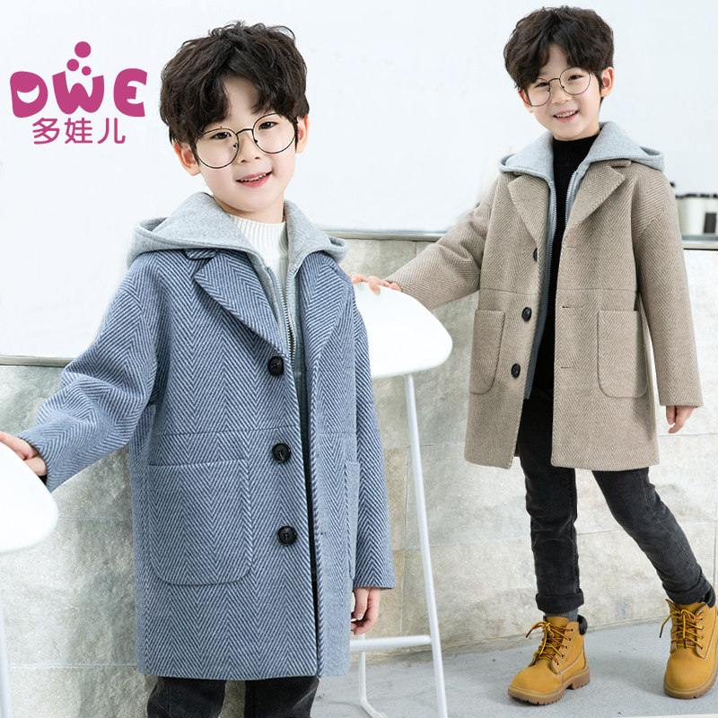 Boys' tweed coat woolen coat children's foreign atmosphere winter wear 2021 autumn winter new hooded children's clothing baby thickened