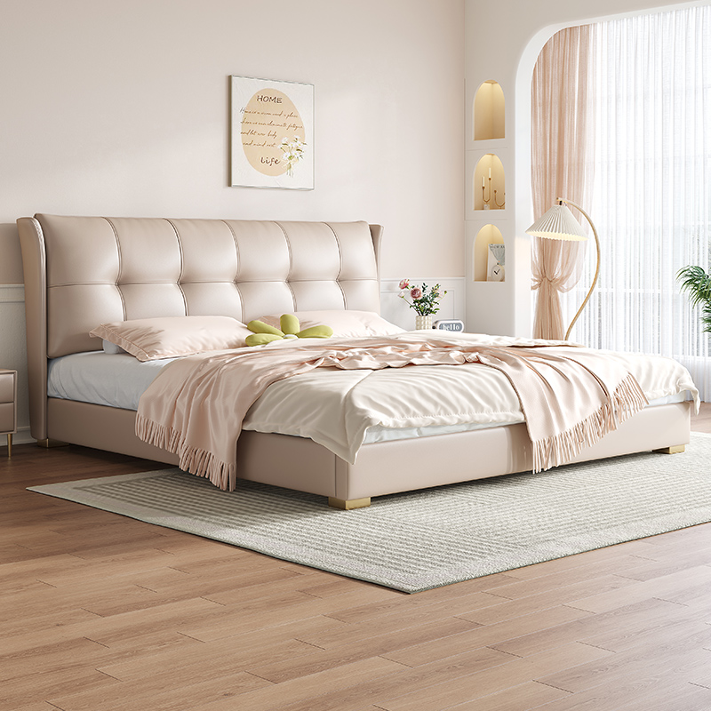 Real Leather Bed Light Extravagant Modern Master Bedroom High-end Atmosphere Double People's Bed 1 8 m Bedroom Net Red Simple Solid Wood Wedding Bed-Taobao