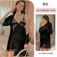 Черный комплект, платье-комбинация, штаны, банный халат, французский стиль, 3 предмета