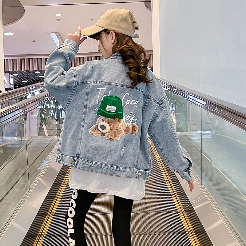 Girl Coats Spring Autumn Money 2022 New Spring Clothing Nets Red Bear Great Boy Tide Clothing Fried Street Trendy Children Denim Blouse