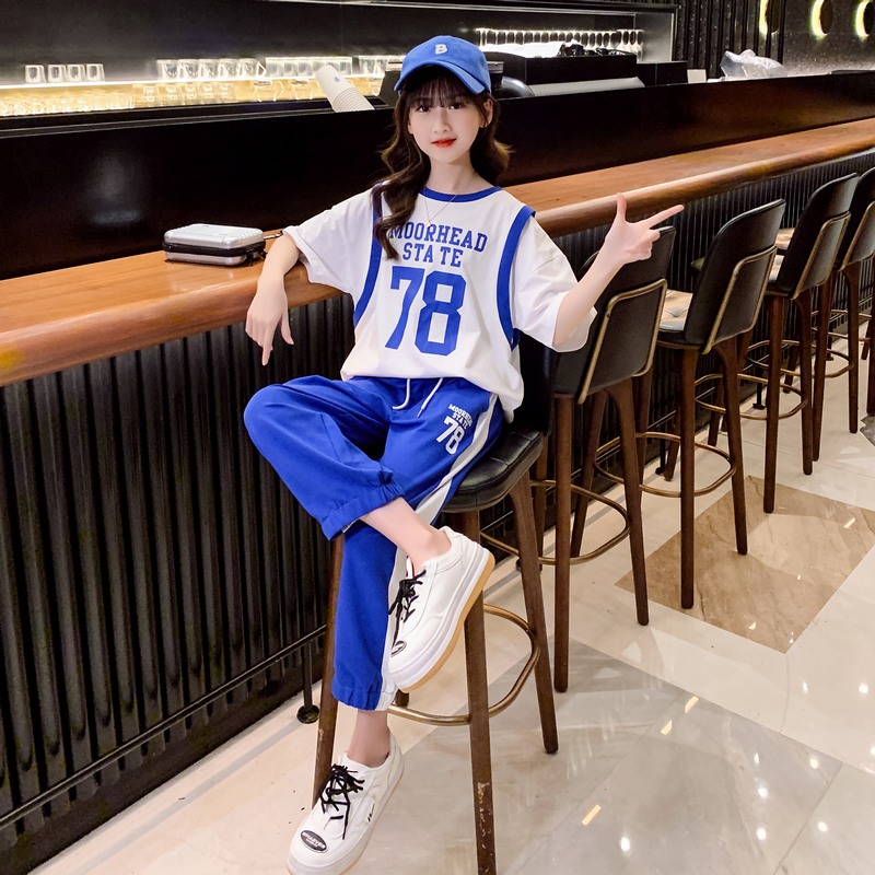 Girl Summer Dress Trendy Children Suit Short Sleeve Big Boy Nets Red 2022 New Foreign Pie Girl Clothes Summer Two Sets