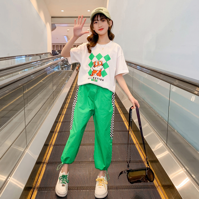 Girl Summer Dress Trendy Children Suit Short Sleeve Big Boy Nets Red 2022 New Foreign Pie Girl Clothes Summer Two Sets