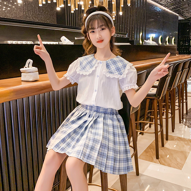 Girl Summer Clothing Trendy Children Jk Suit Dresses Big Boy Nets Red 2022 New Foreign Academy Wind Summer Two Sets