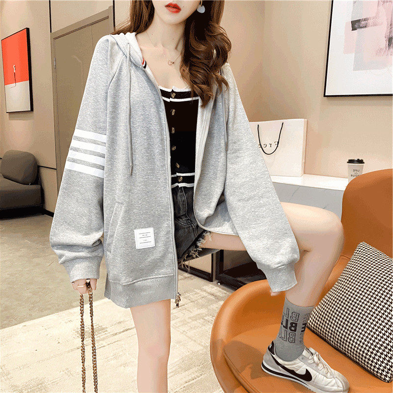 Large size 300 jin sweater spring and autumn fashion four-bar cardigan hooded zipper top mid-length loose coat