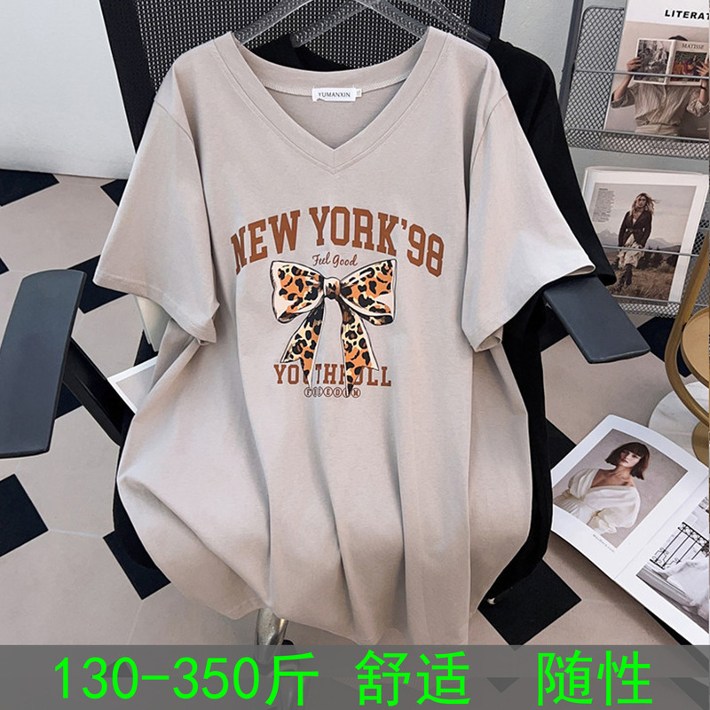 150kg Extra Large Size Pure Cotton V Neck Short-Sleeved T-Shirt for Women in Summer Fat Mm200 Loose Slimming Mid-Length Top