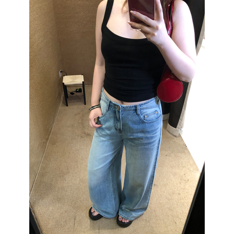 Vegetable Orbs Ice Blue American Style Light Blue Distressed Straight-Leg Jeans for Women High-Waisted Versatile Wide-Leg Pants Vegetable Orbs Ice Blue American Style Light Blue Distressed Straight-Leg Jeans for Women High-Waisted Versatile Wide-Leg Pants