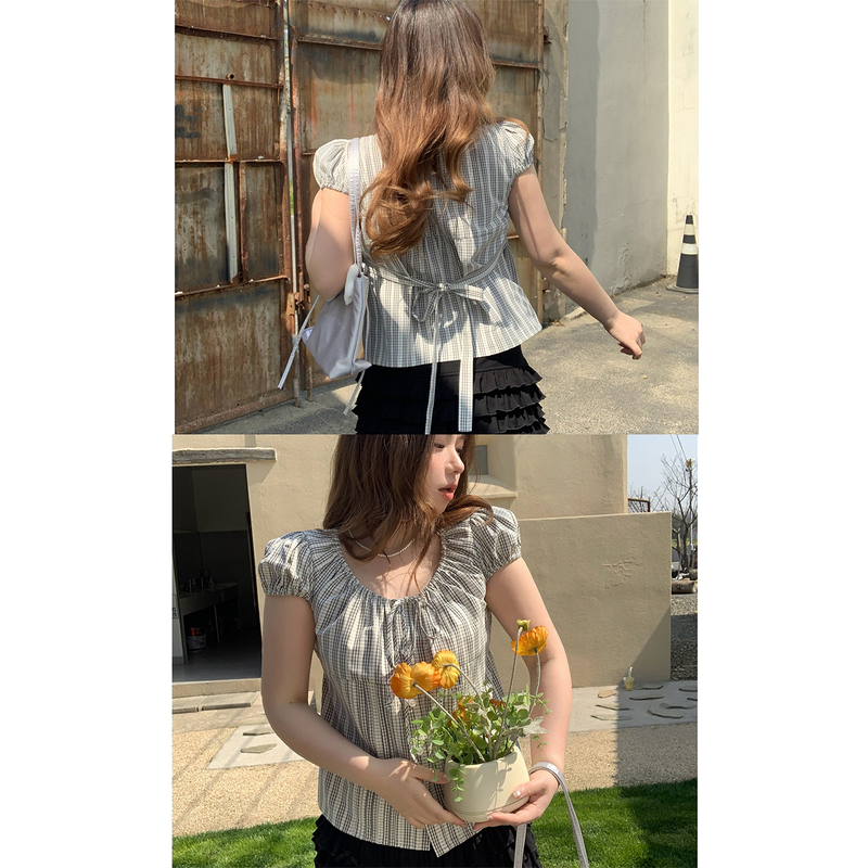 Vegetable Orbs Midsummer Sweetheart Korean-Style Puff Sleeve Tie-Up Striped Shirt Babydoll Short-Sleeve Top