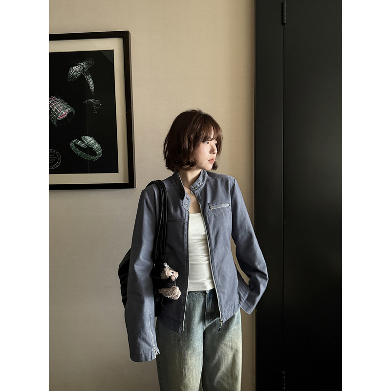 Vegetable Orbs Sydney Block Vintage Motorcycle Short Jacket Women's Stand Collar Zipper Slimming Jacket Top Vegetable Orbs Sydney Block Vintage Motorcycle Short Jacket Women's Stand Collar Zipper Slimming Jacket Top