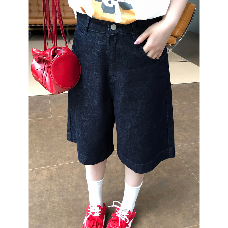 Vegetable Orbs Red-Ear Denim Dark Blue Straight-Leg Denim Shorts Casual Versatile Five-Point Shorts