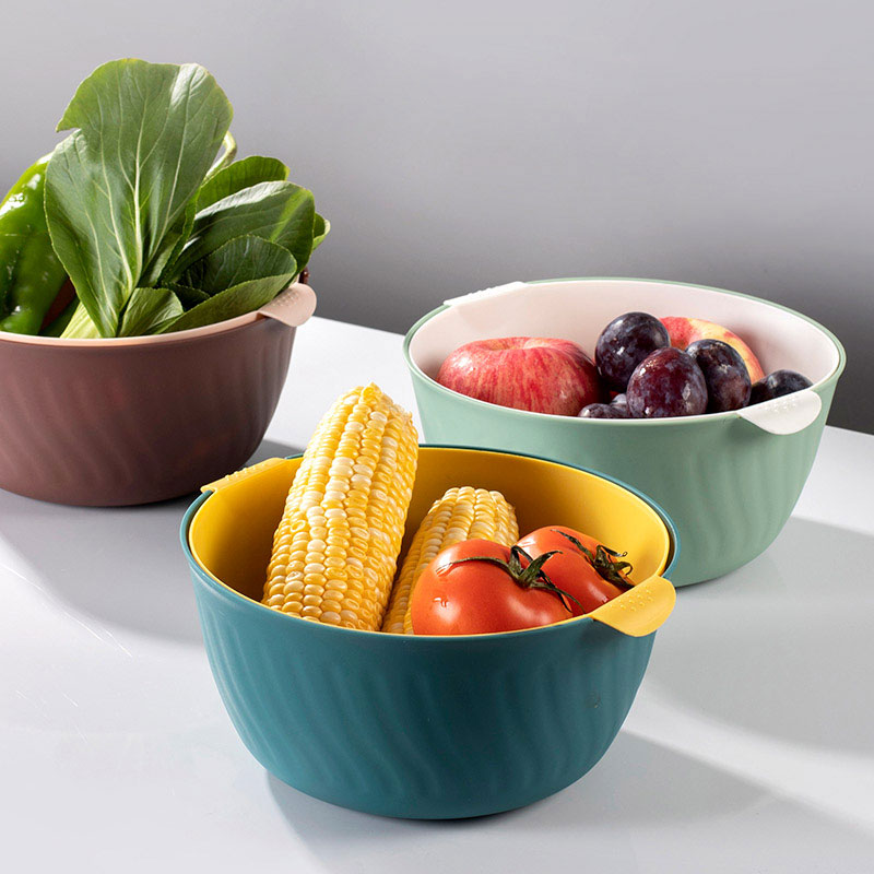RIMBOR Bright Plows Double Hollowed-out Drain Basket Kitchen Plastic Wash Vegetable Basket Fruit Basin Home Creative Fruit Basket Suit