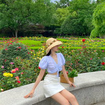 XIAOLI water lake blue short-sleeved v-neck chiffon striped shirt new 2021 sweet bubble sleeve top womens summer