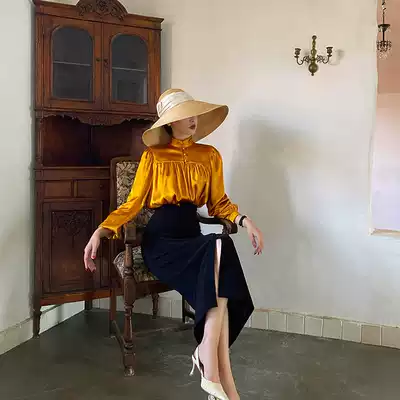 Miss XIAOLI court high-end silk long bubble sleeve t shirt summer thin section French niche chic top women