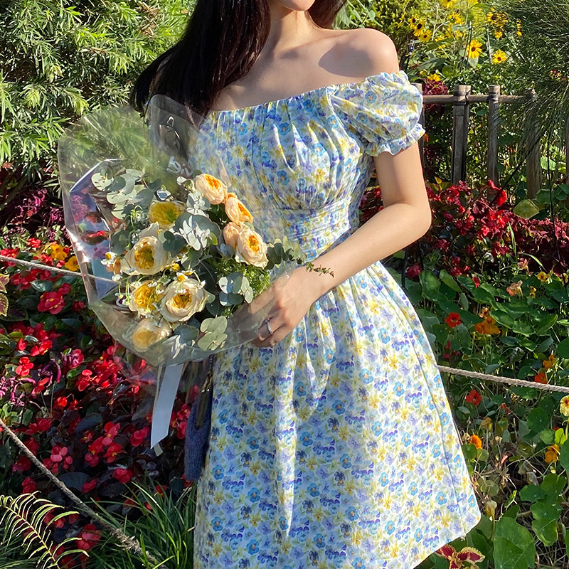 XIAOLI Liberti pansy word shoulder floral dress 2021 new waist thin a word skirt summer
