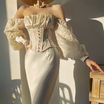 XIAOLI Qimeng jacquard word off-the-shoulder shirt French design sense niche long bubble sleeve top women's summer thin section