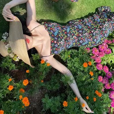 XIAOLI Danish purple wind chimes silk sling floral dress thin model 2021 New temperament long dress children summer