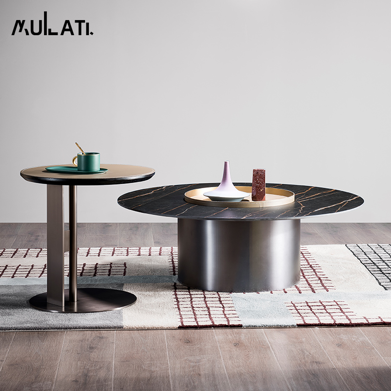 Wood Lati Furniture-style extremely minimalist rock plate Tea Table Living Room Small Family Nordic minimalist light extravagant saddle leather tea table